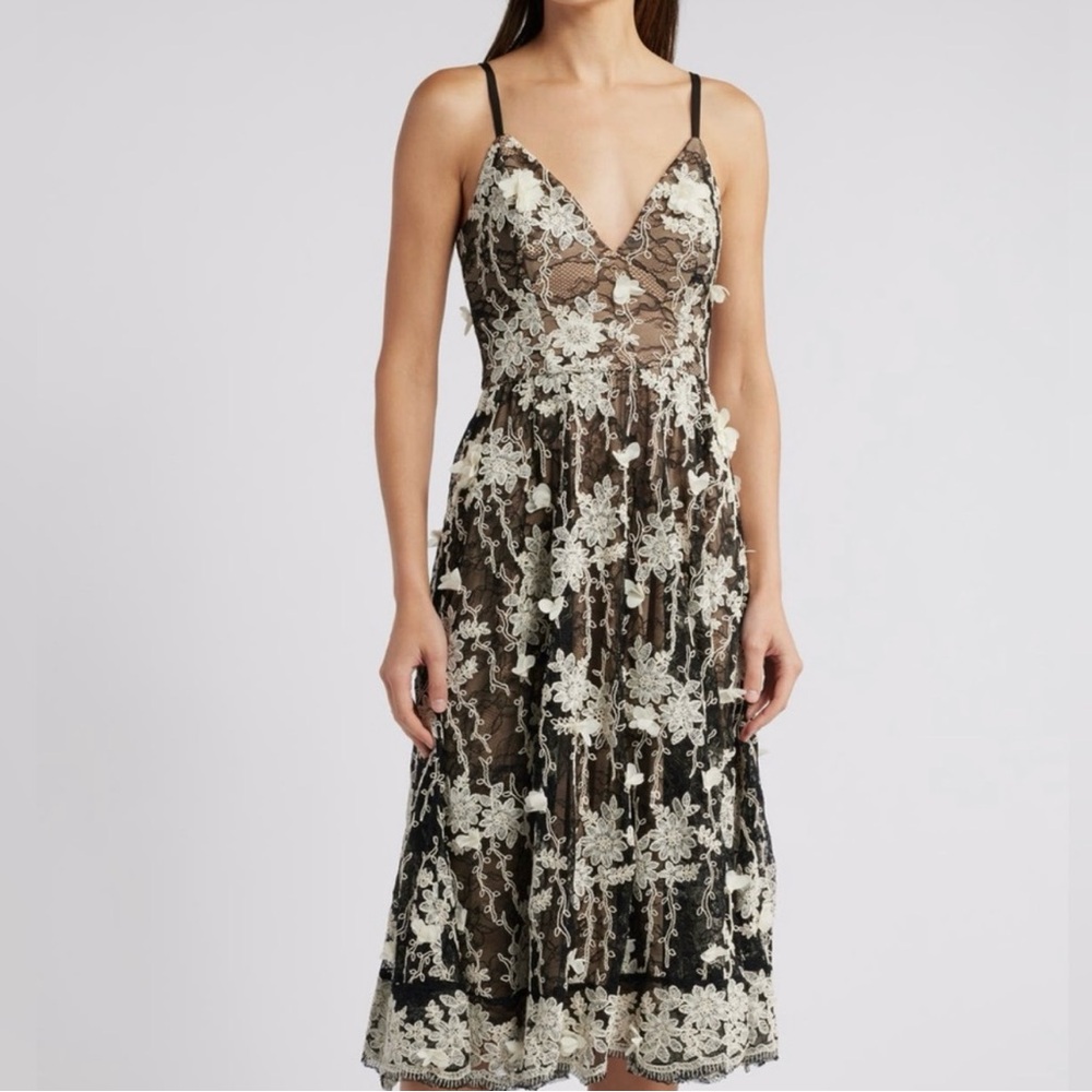 Dress the Population Tahani Embroidered Lace Cocktail Midi Dress